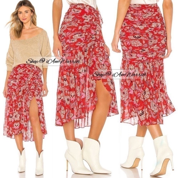 Cinq a Sept NWT ruched ruffle floral cherry red midi skirt *Shop@iAmWarrior - Picture 4 of 13
